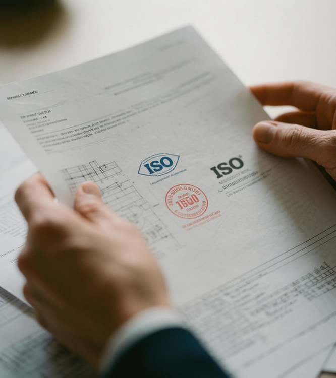 Close-up of hands holding a paper document featuring ISO certification logos and stamps.